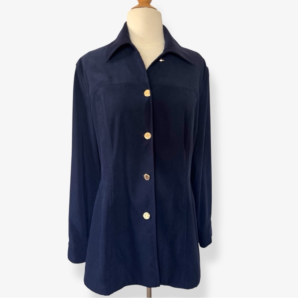 St. John Sport Marie Gray Navy Tailored Jacket Gold Logo Buttons Size S